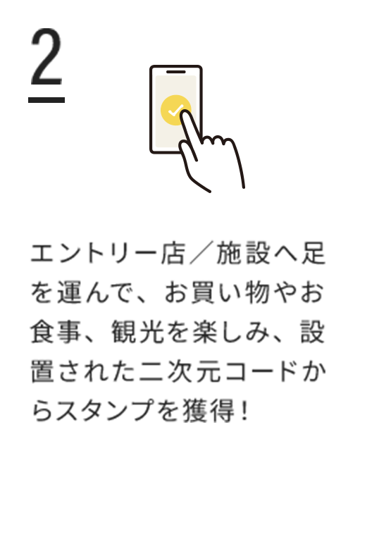 2.エントリー店／施設へ足を運んで、お買い物やお食事、観光を楽しみ、設置された二次元コードからスタンプを獲得！