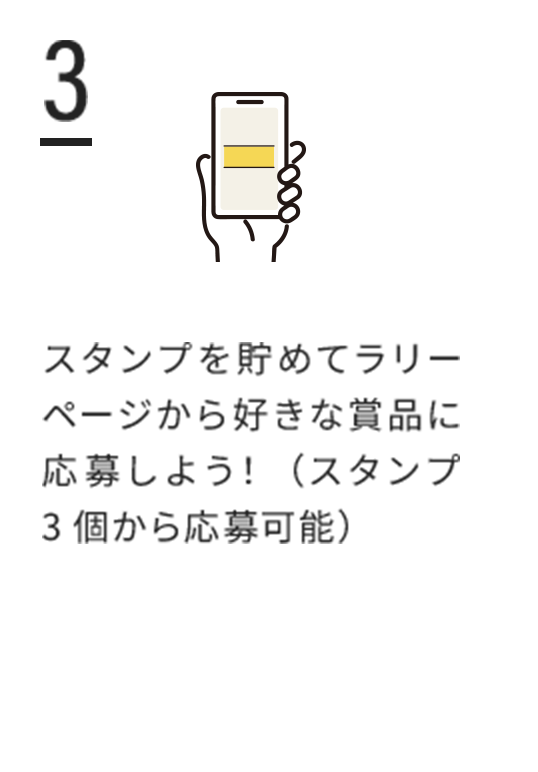3.スタンプを貯めてラリーページから好きな賞品に応募しよう！（スタンプ3個から応募可能）